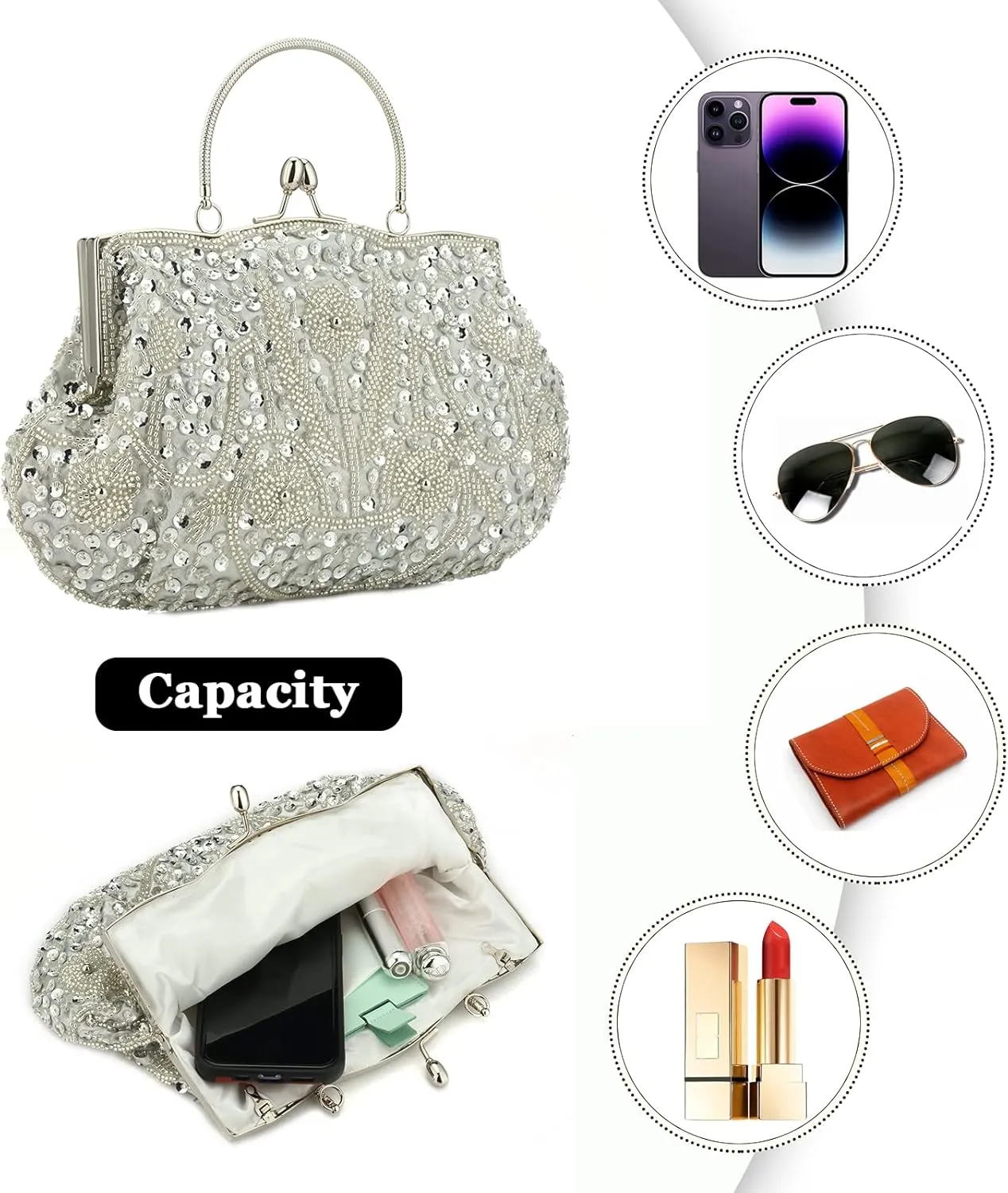 Women Vintage Beaded Evening Clutch Vintage Design Sequin Floral Top-handle Handbag Party Wedding Purse Wallet (Silver)