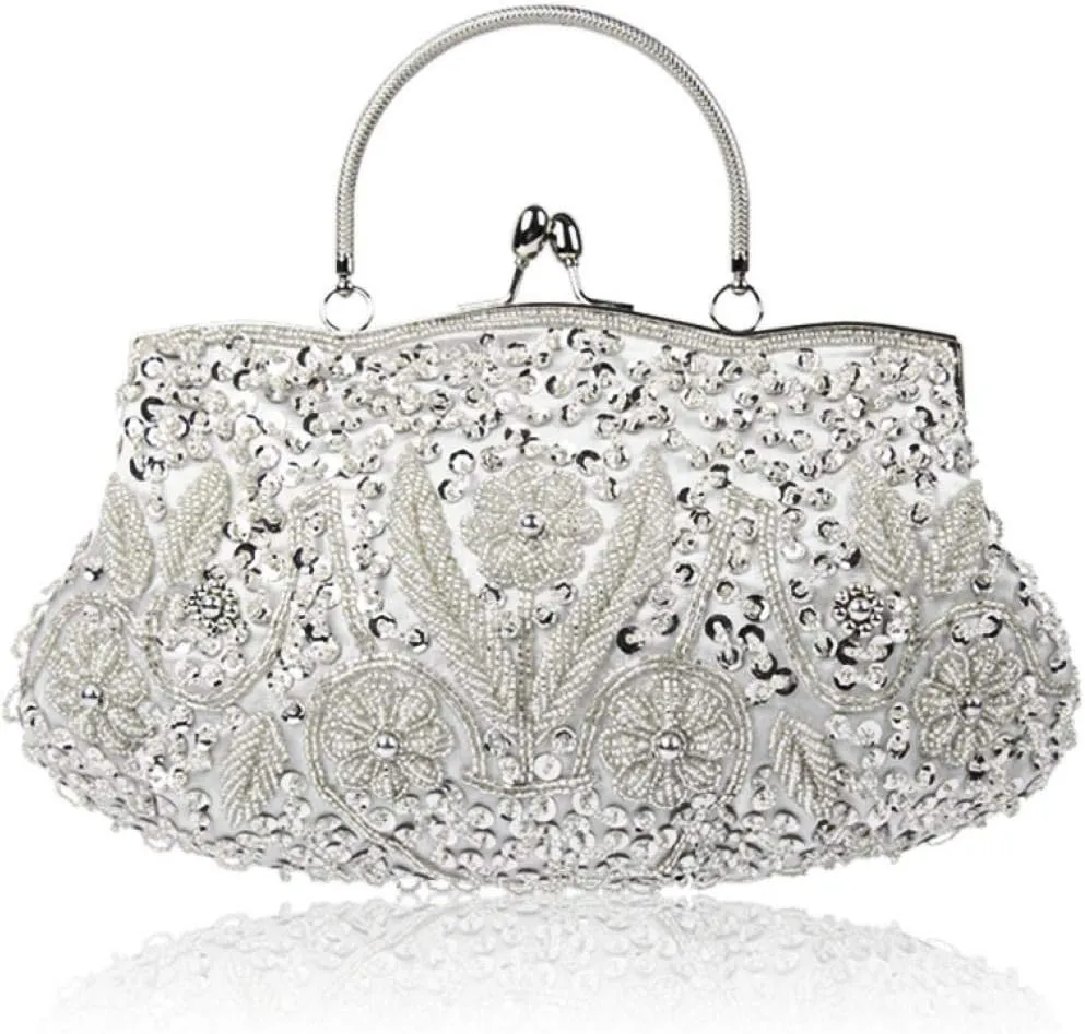 Women Vintage Beaded Evening Clutch Vintage Design Sequin Floral Top-handle Handbag Party Wedding Purse Wallet (Silver)