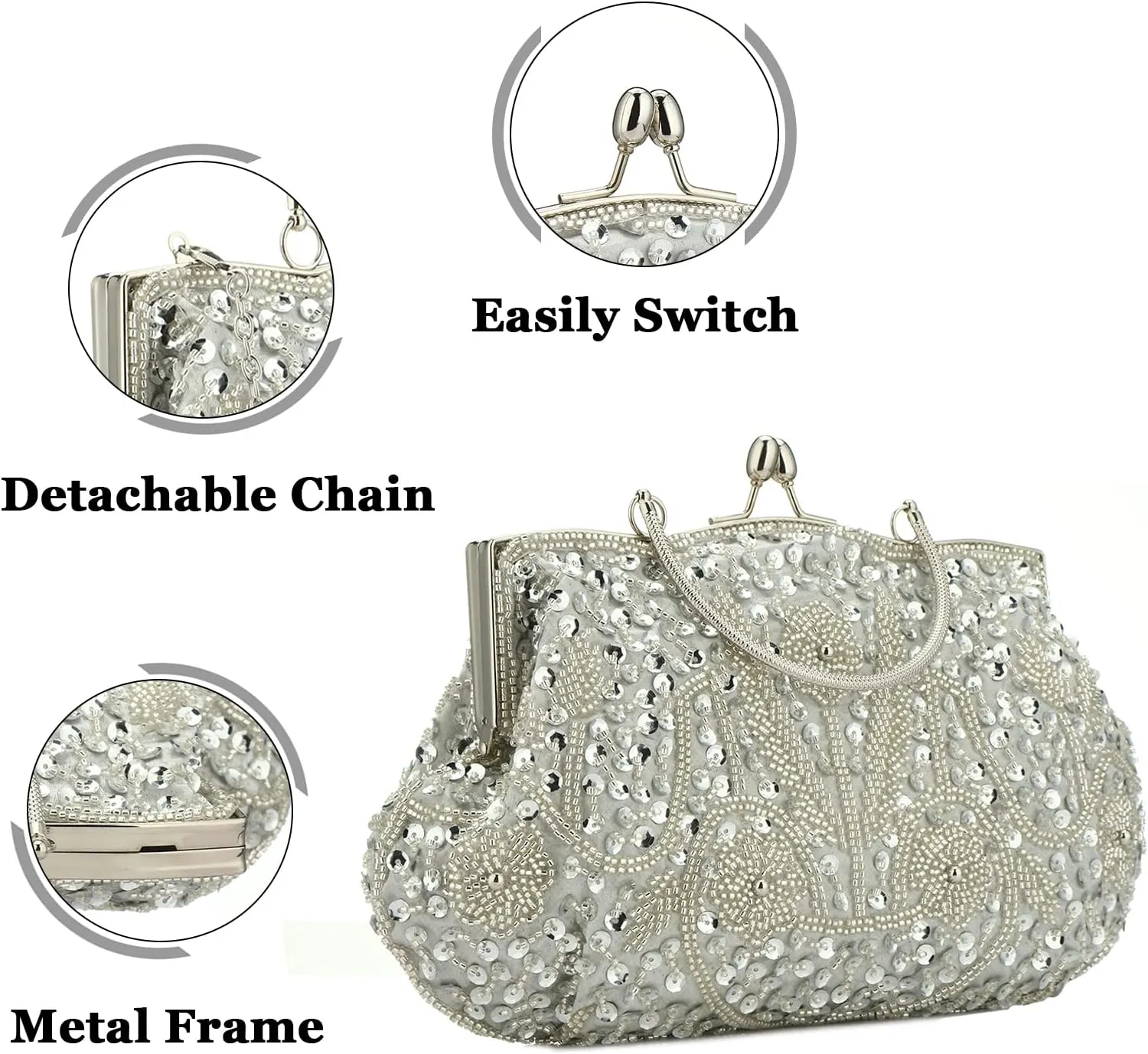Women Vintage Beaded Evening Clutch Vintage Design Sequin Floral Top-handle Handbag Party Wedding Purse Wallet (Silver)