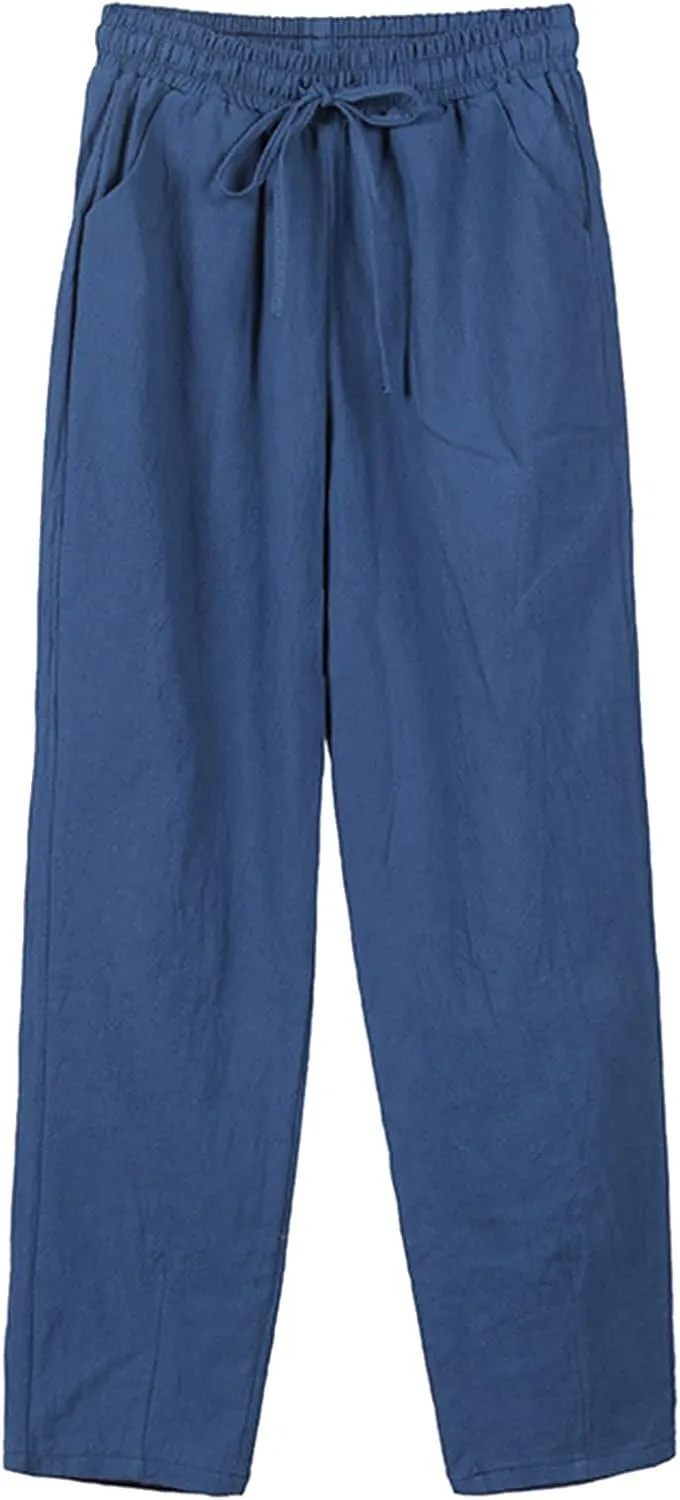 Women Wide Leg Linen Pant Summer Casual Pleated High Waist Drawstring Trouser Office Dress Tummy Control Trendy Pants