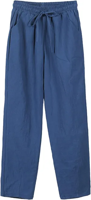 Women Wide Leg Linen Pant Summer Casual Pleated High Waist Drawstring Trouser Office Dress Tummy Control Trendy Pants