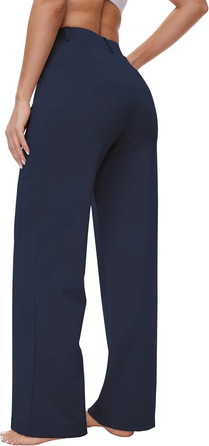 Womens 22"/27"/29"/31" Wide Leg Pleated Yoga Dress Pants, High Waist Stretchy Slacks for Workout Business Casual