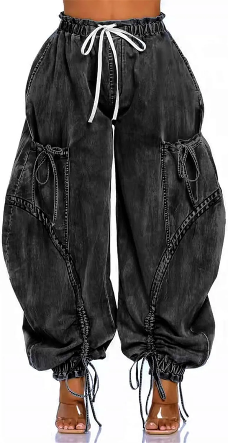 Women's Baggy Jeans Wide Leg Denim Pants Drawstring Bow Tie Joggers Trousers with Pockets Sweatpants