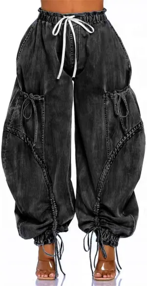 Women's Baggy Jeans Wide Leg Denim Pants Drawstring Bow Tie Joggers Trousers with Pockets Sweatpants