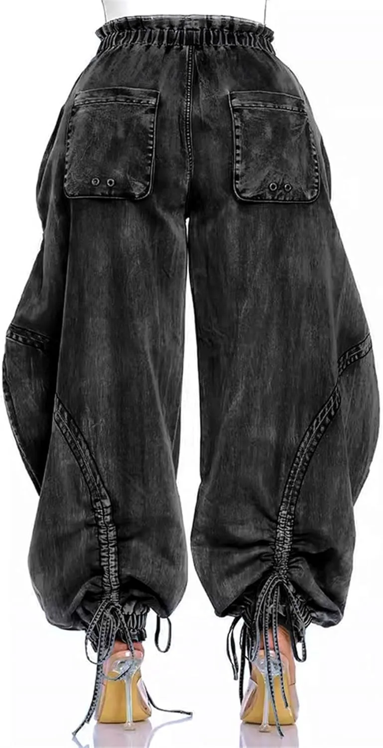 Women's Baggy Jeans Wide Leg Denim Pants Drawstring Bow Tie Joggers Trousers with Pockets Sweatpants