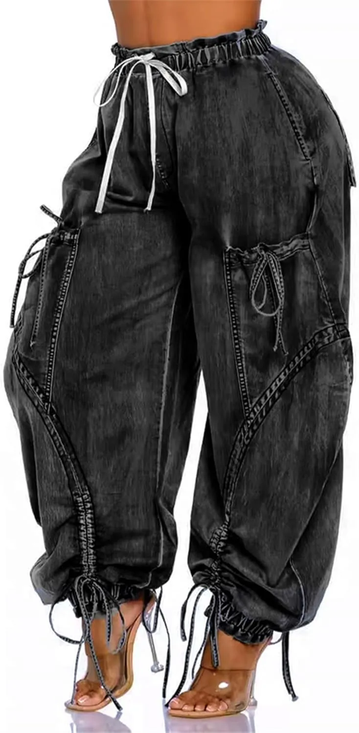Women's Baggy Jeans Wide Leg Denim Pants Drawstring Bow Tie Joggers Trousers with Pockets Sweatpants