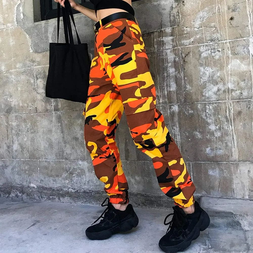 Women's Camo Cargo Pants Elastic High Waist Streetwear Outdoor Camouflage Multi Jogger Sweatpants with Pockets