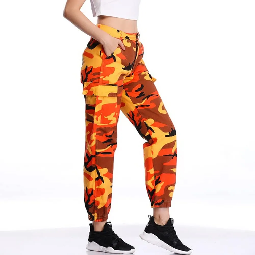 Women's Camo Cargo Pants Elastic High Waist Streetwear Outdoor Camouflage Multi Jogger Sweatpants with Pockets