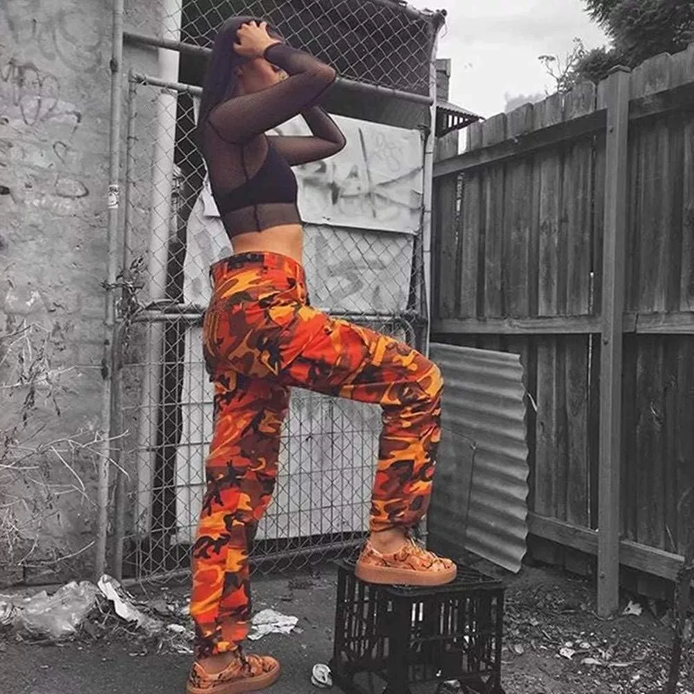 Women's Camo Cargo Pants Elastic High Waist Streetwear Outdoor Camouflage Multi Jogger Sweatpants with Pockets