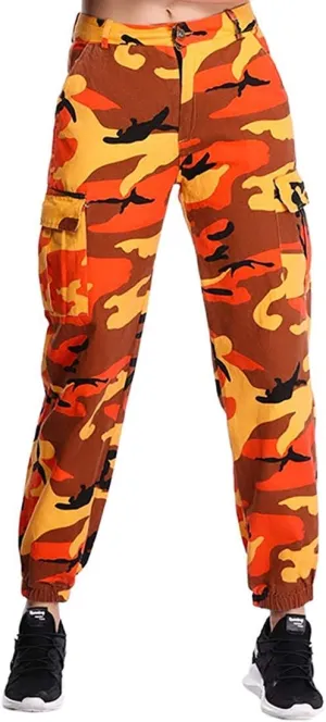Women's Camo Cargo Pants Elastic High Waist Streetwear Outdoor Camouflage Multi Jogger Sweatpants with Pockets