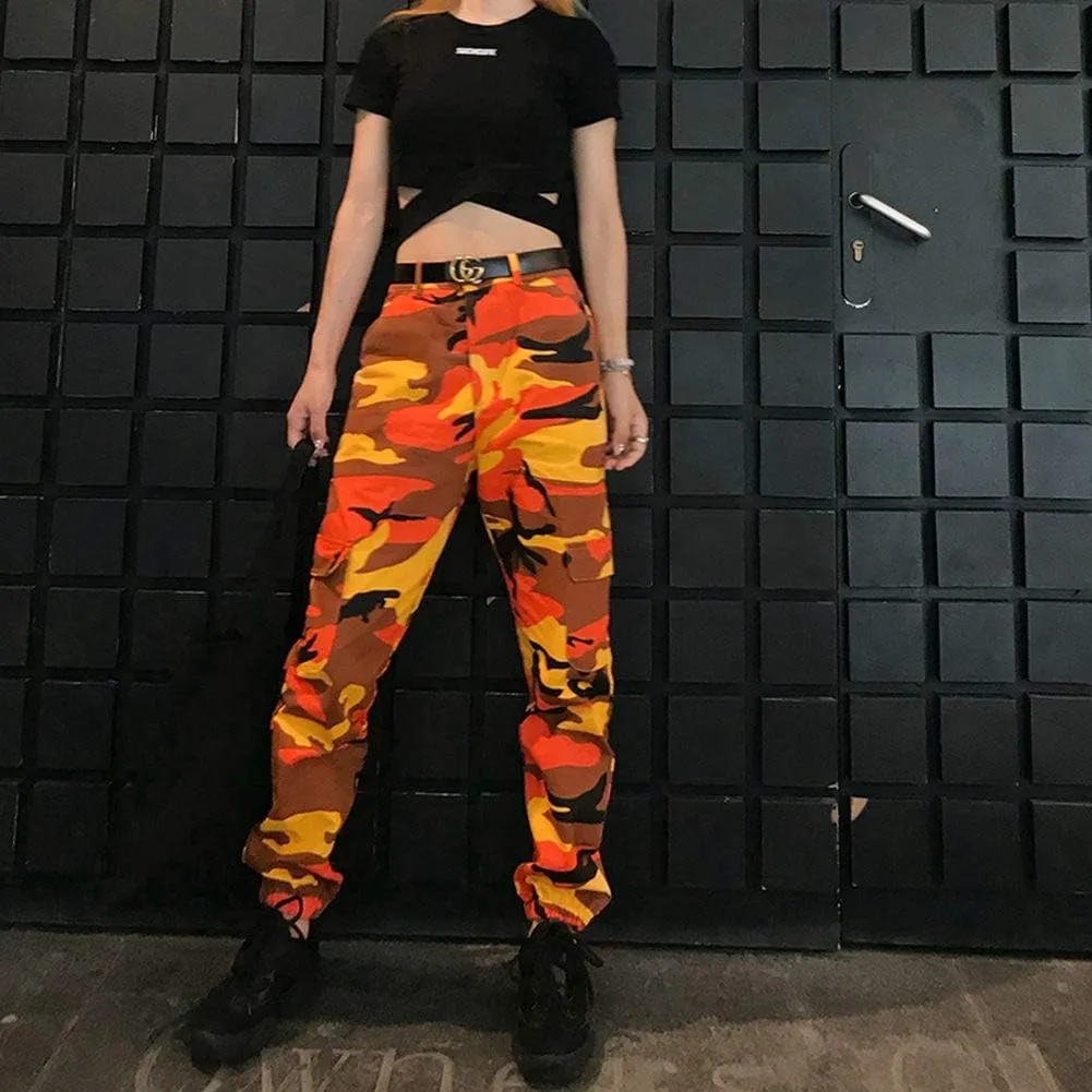 Women's Camo Cargo Pants Elastic High Waist Streetwear Outdoor Camouflage Multi Jogger Sweatpants with Pockets