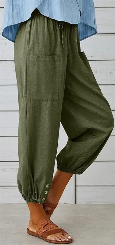 Womens Capri Pants Cotton Linen Cropped Trousers Summer Wide Leg Drawstring High Waist Palazzo Pants with Pockets