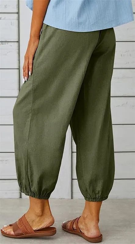 Womens Capri Pants Cotton Linen Cropped Trousers Summer Wide Leg Drawstring High Waist Palazzo Pants with Pockets