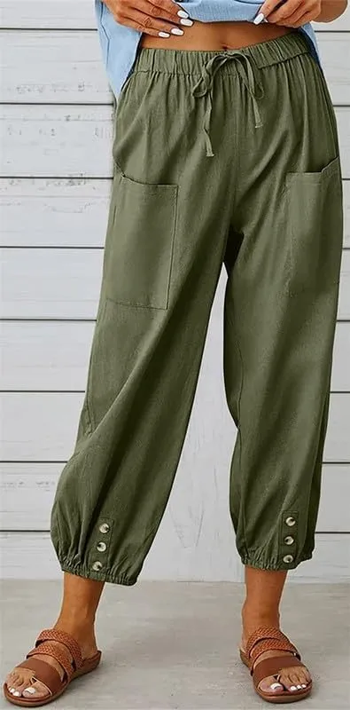 Womens Capri Pants Cotton Linen Cropped Trousers Summer Wide Leg Drawstring High Waist Palazzo Pants with Pockets