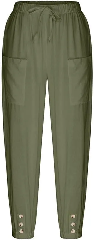 Womens Capri Pants Cotton Linen Cropped Trousers Summer Wide Leg Drawstring High Waist Palazzo Pants with Pockets