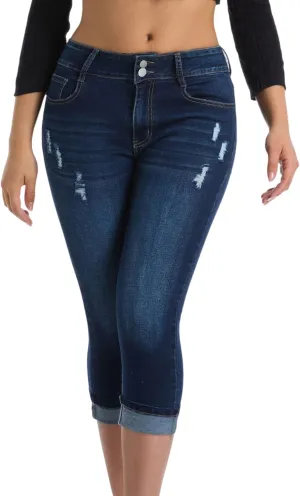 Women's Capri Pants Skinny Stretchy Ripped High Waisted Cuffed Denim Jeans