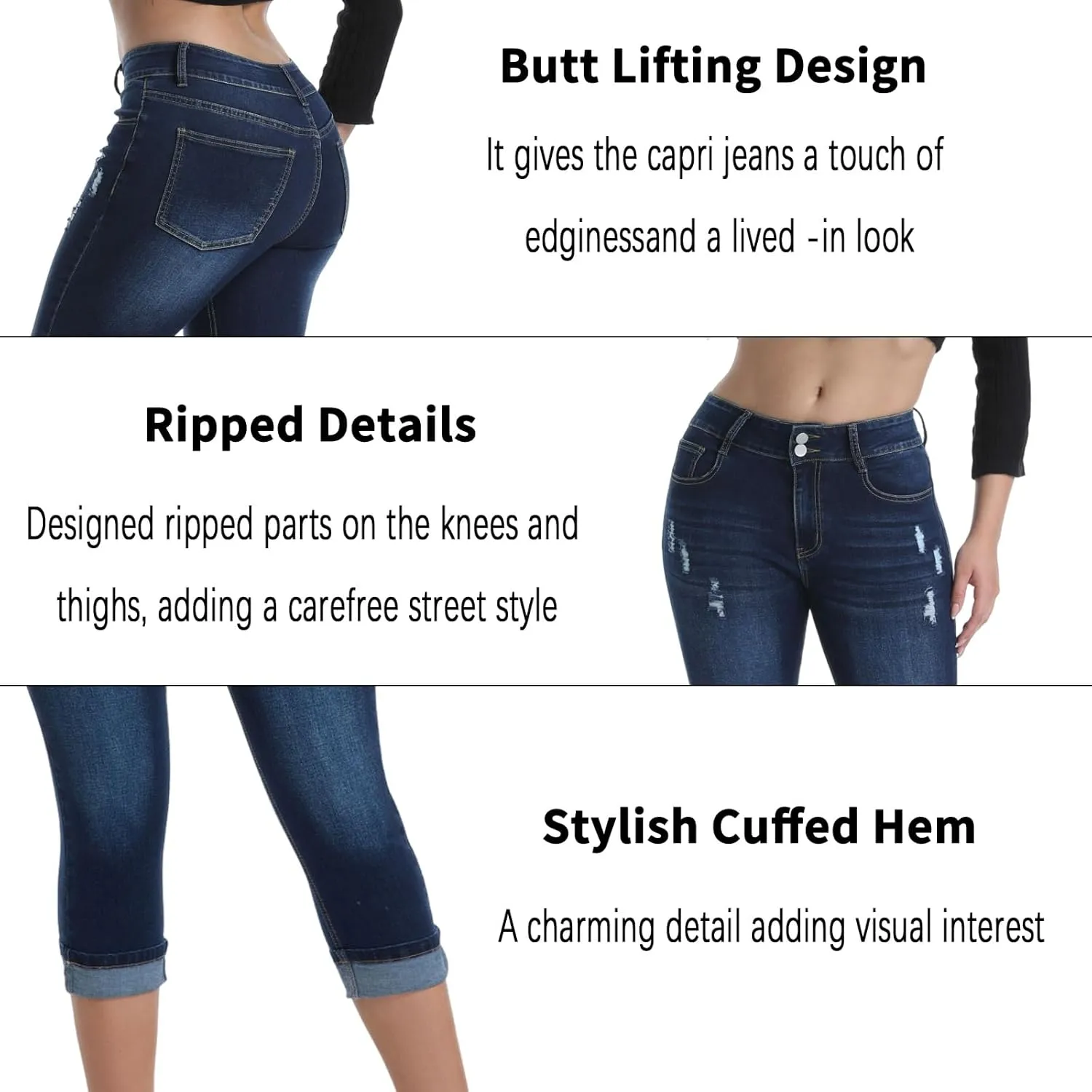Women's Capri Pants Skinny Stretchy Ripped High Waisted Cuffed Denim Jeans