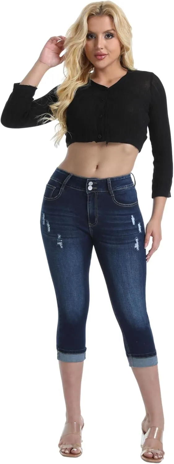 Women's Capri Pants Skinny Stretchy Ripped High Waisted Cuffed Denim Jeans