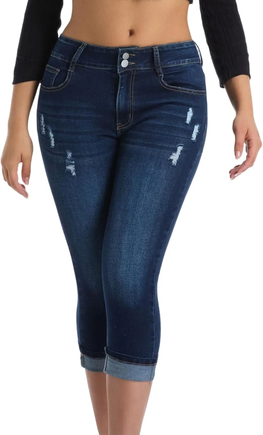 Women's Capri Pants Skinny Stretchy Ripped High Waisted Cuffed Denim Jeans