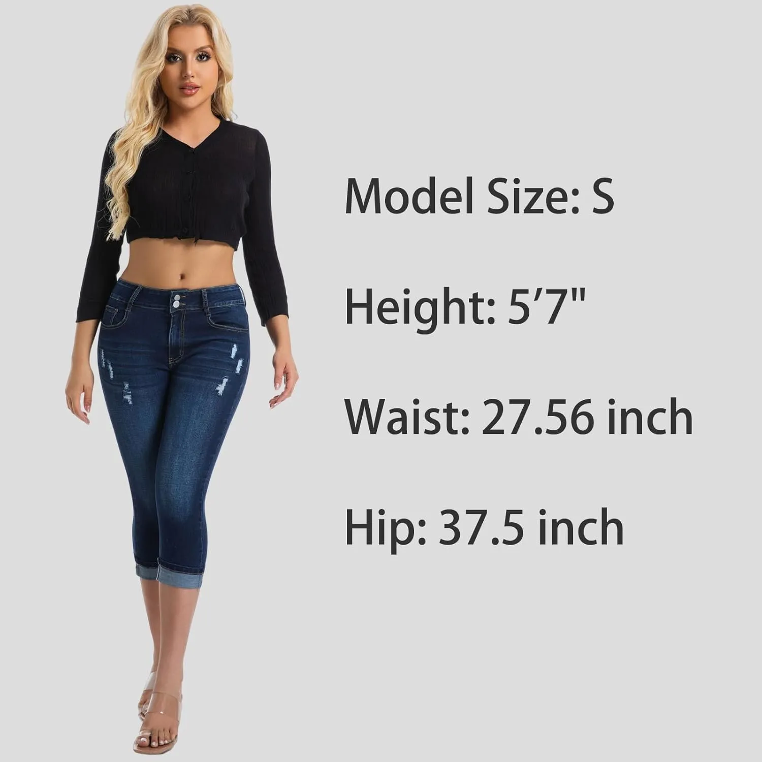 Women's Capri Pants Skinny Stretchy Ripped High Waisted Cuffed Denim Jeans