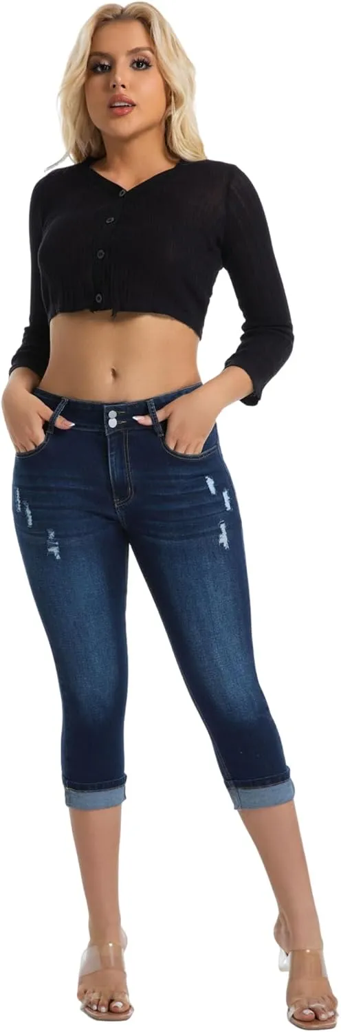 Women's Capri Pants Skinny Stretchy Ripped High Waisted Cuffed Denim Jeans