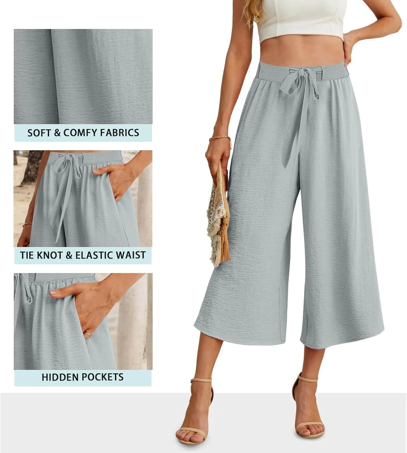Womens Capris Linen Pants with Pockets Cotton Linen Palazzo Trousers for Women Ladies Wide Leg Beach Loose Slacks