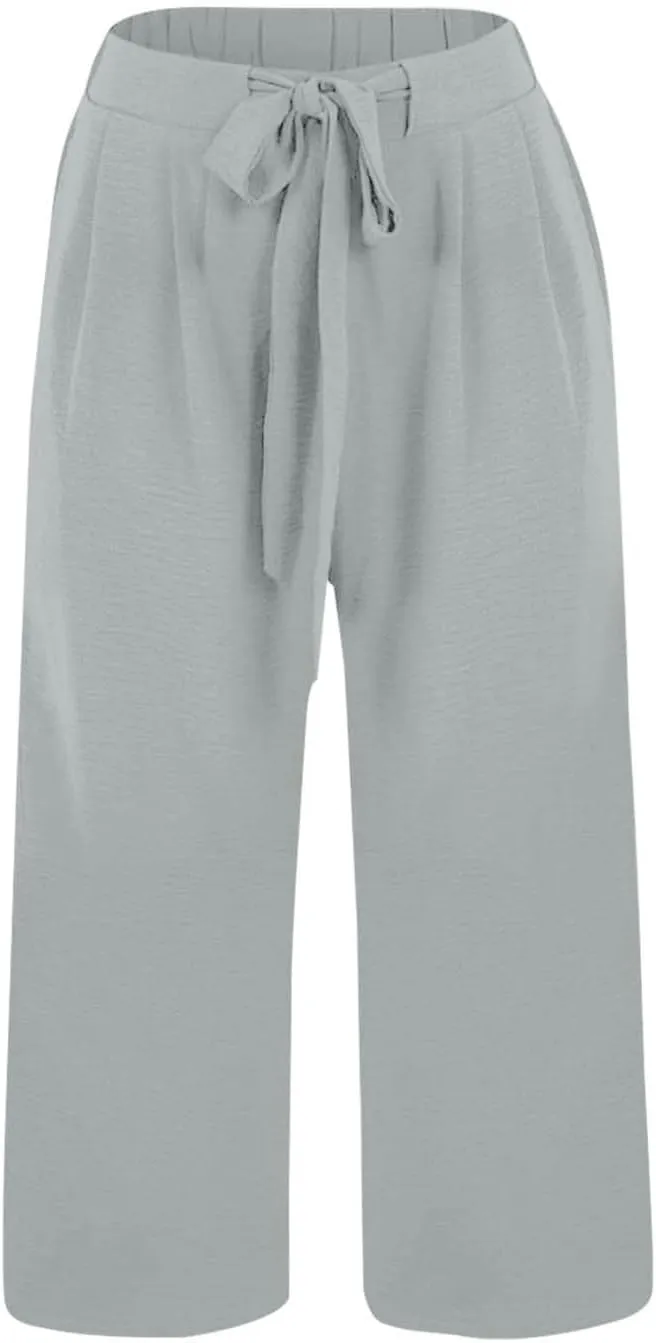 Womens Capris Linen Pants with Pockets Cotton Linen Palazzo Trousers for Women Ladies Wide Leg Beach Loose Slacks