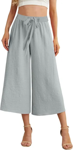 Womens Capris Linen Pants with Pockets Cotton Linen Palazzo Trousers for Women Ladies Wide Leg Beach Loose Slacks