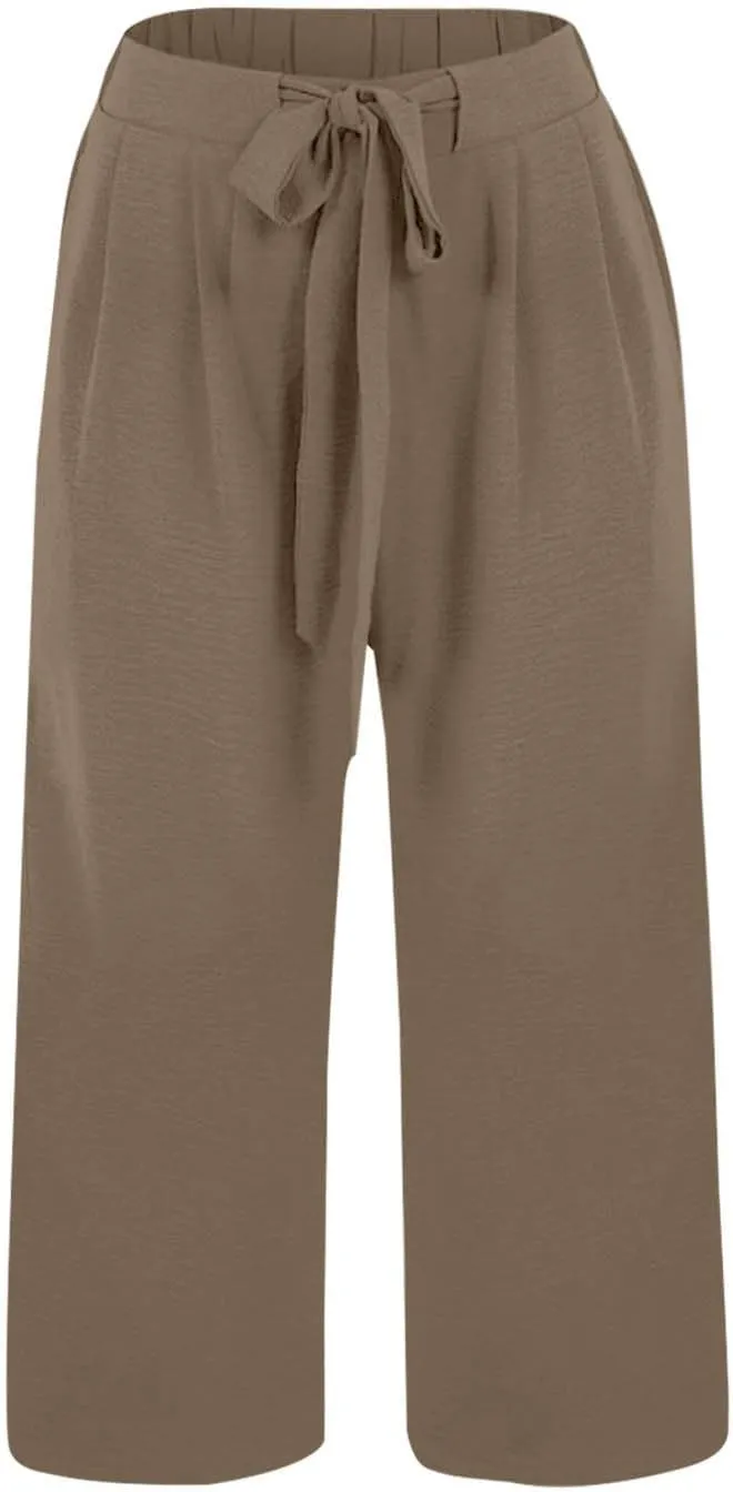 Womens Capris Linen Pants with Pockets Cotton Linen Palazzo Trousers for Women Ladies Wide Leg Beach Loose Slacks
