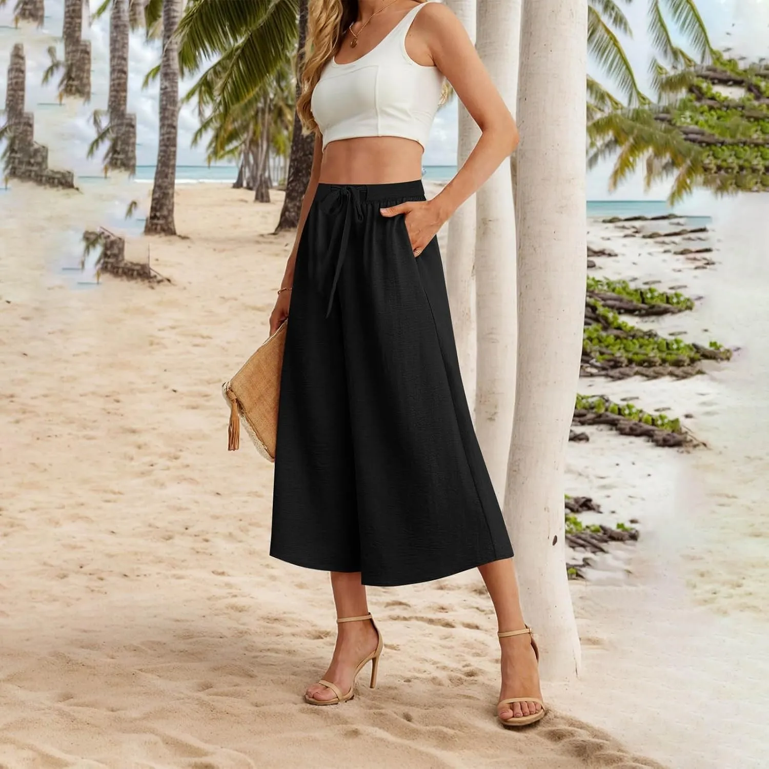 Womens Capris Linen Pants with Pockets Cotton Linen Palazzo Trousers for Women Ladies Wide Leg Beach Loose Slacks