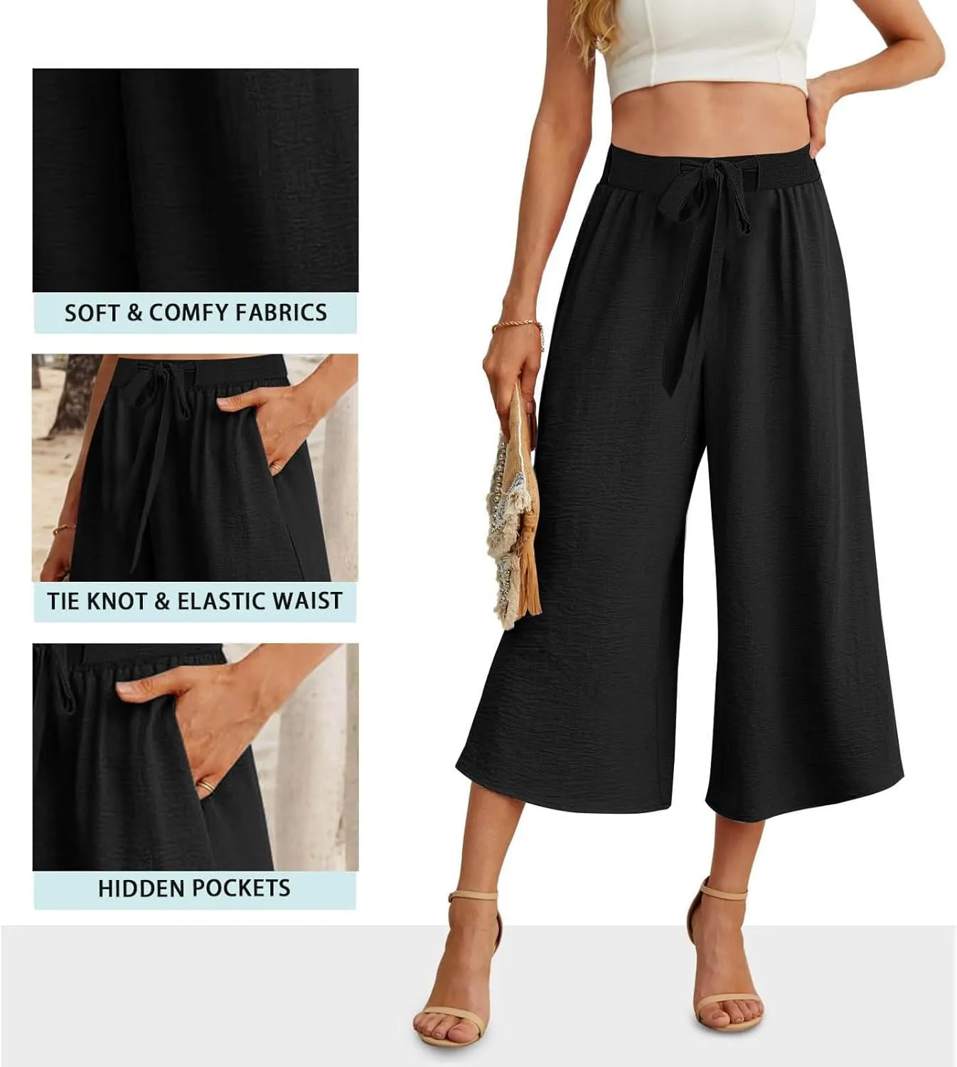 Womens Capris Linen Pants with Pockets Cotton Linen Palazzo Trousers for Women Ladies Wide Leg Beach Loose Slacks