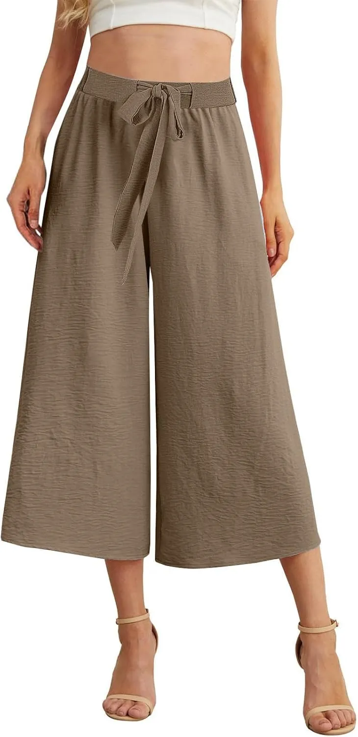 Womens Capris Linen Pants with Pockets Cotton Linen Palazzo Trousers for Women Ladies Wide Leg Beach Loose Slacks