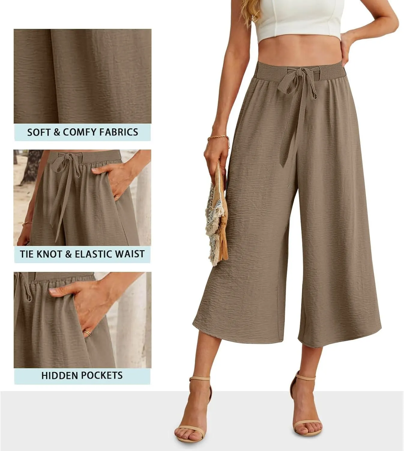 Womens Capris Linen Pants with Pockets Cotton Linen Palazzo Trousers for Women Ladies Wide Leg Beach Loose Slacks