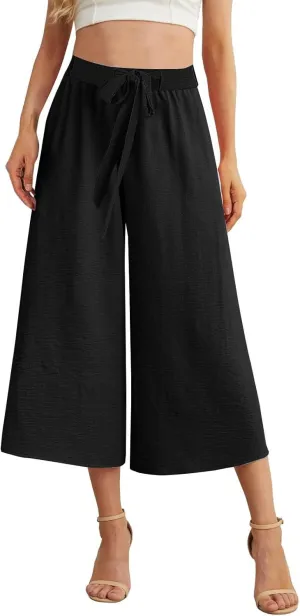 Womens Capris Linen Pants with Pockets Cotton Linen Palazzo Trousers for Women Ladies Wide Leg Beach Loose Slacks