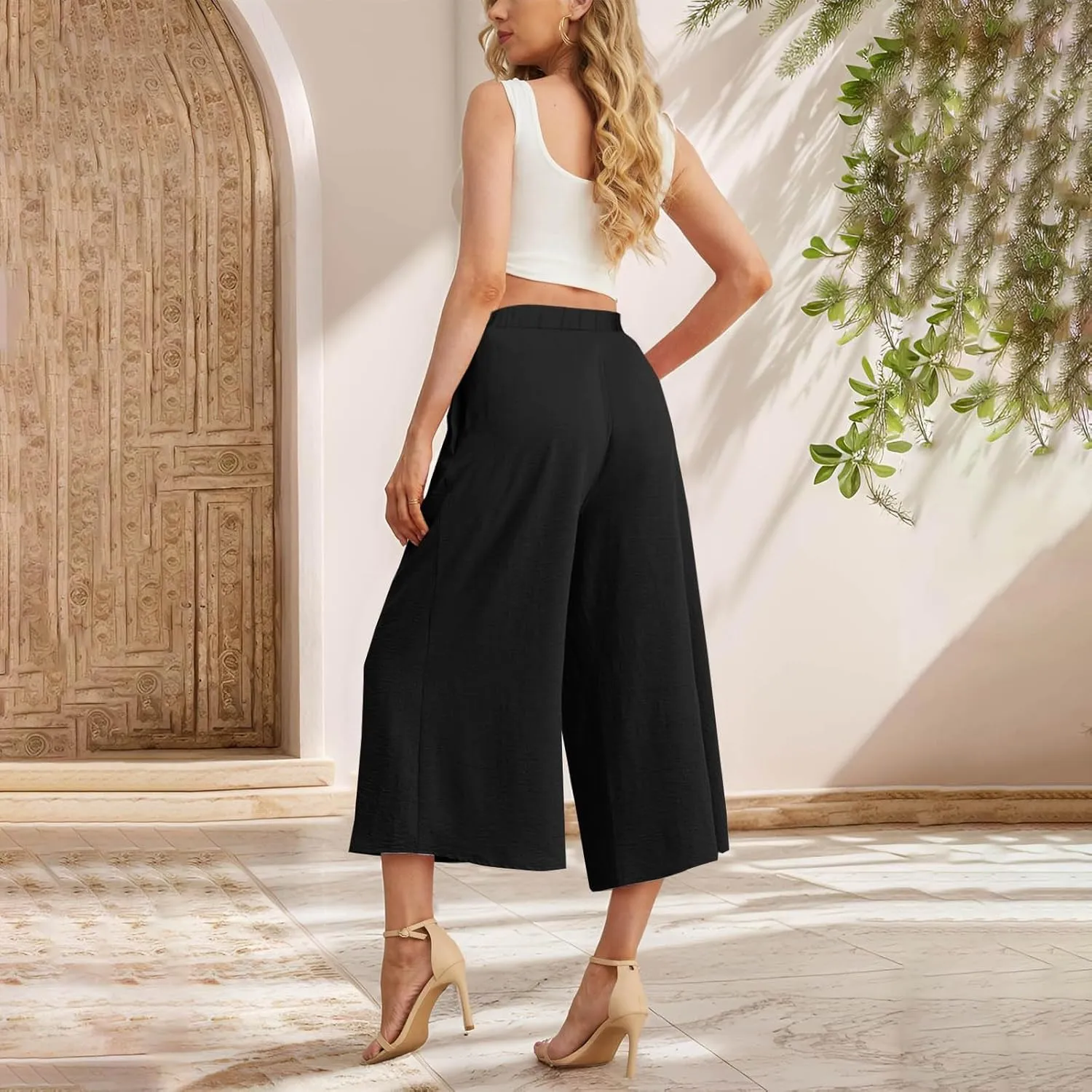 Womens Capris Linen Pants with Pockets Cotton Linen Palazzo Trousers for Women Ladies Wide Leg Beach Loose Slacks