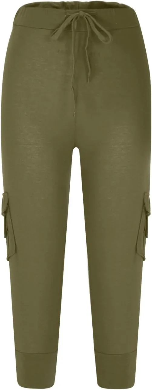 Women's Cargo Capri Pants Drawstring High Waist Casual Pockets Joggers 2025 Trendy Relaxed Fit Trousers