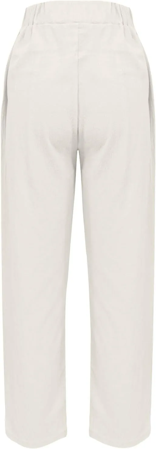 Womens Cargo Pants, Straight Leg Casual Pants Linen Stretchy Peasant Wide Trendy