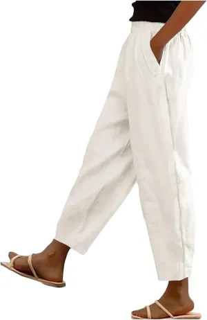 Womens Cargo Pants, Straight Leg Casual Pants Linen Stretchy Peasant Wide Trendy