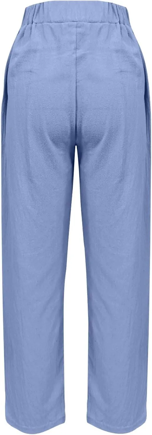 Womens Cargo Pants, Straight Leg Casual Pants Linen Stretchy Peasant Wide Trendy