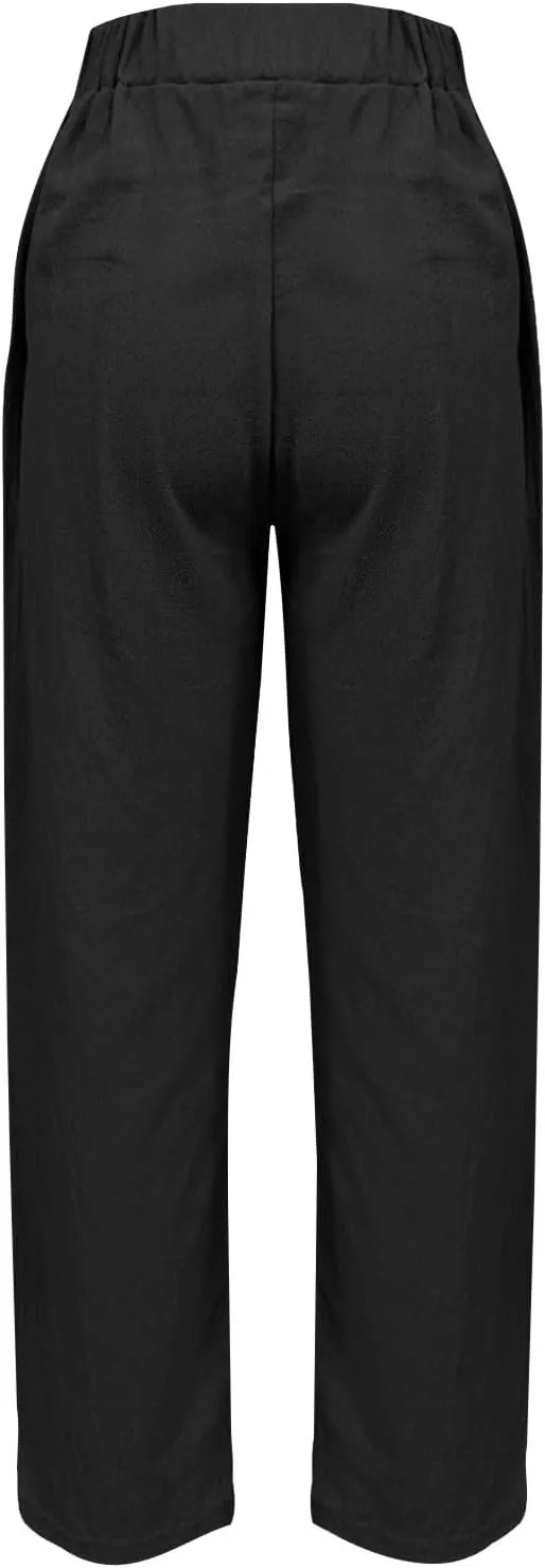 Womens Cargo Pants, Straight Leg Casual Pants Linen Stretchy Peasant Wide Trendy
