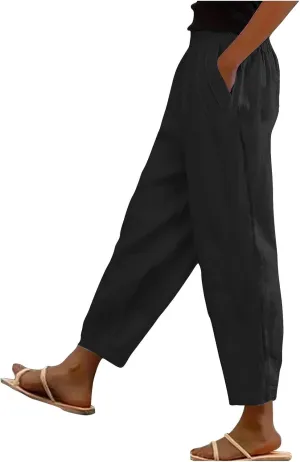 Womens Cargo Pants, Straight Leg Casual Pants Linen Stretchy Peasant Wide Trendy