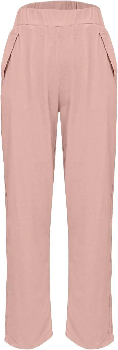 Womens Cargo Pants, Straight Leg Casual Pants Linen Stretchy Peasant Wide Trendy