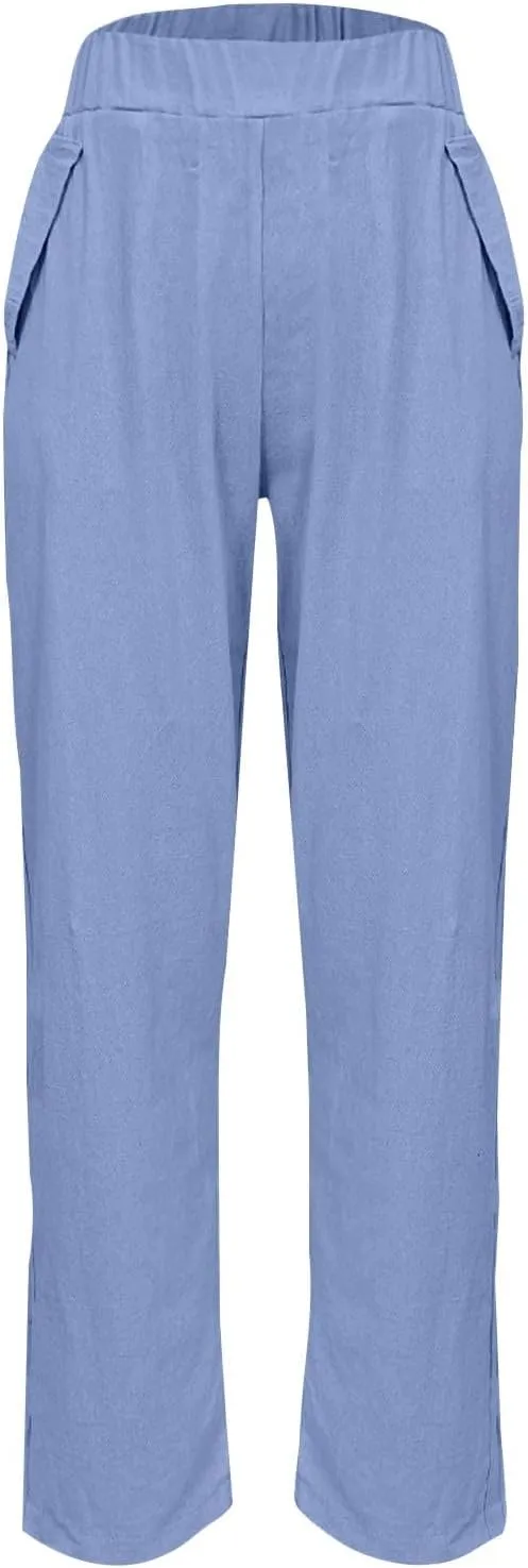Womens Cargo Pants, Straight Leg Casual Pants Linen Stretchy Peasant Wide Trendy