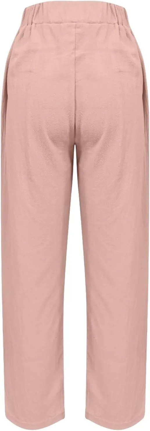 Womens Cargo Pants, Straight Leg Casual Pants Linen Stretchy Peasant Wide Trendy