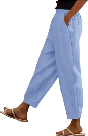 Womens Cargo Pants, Straight Leg Casual Pants Linen Stretchy Peasant Wide Trendy