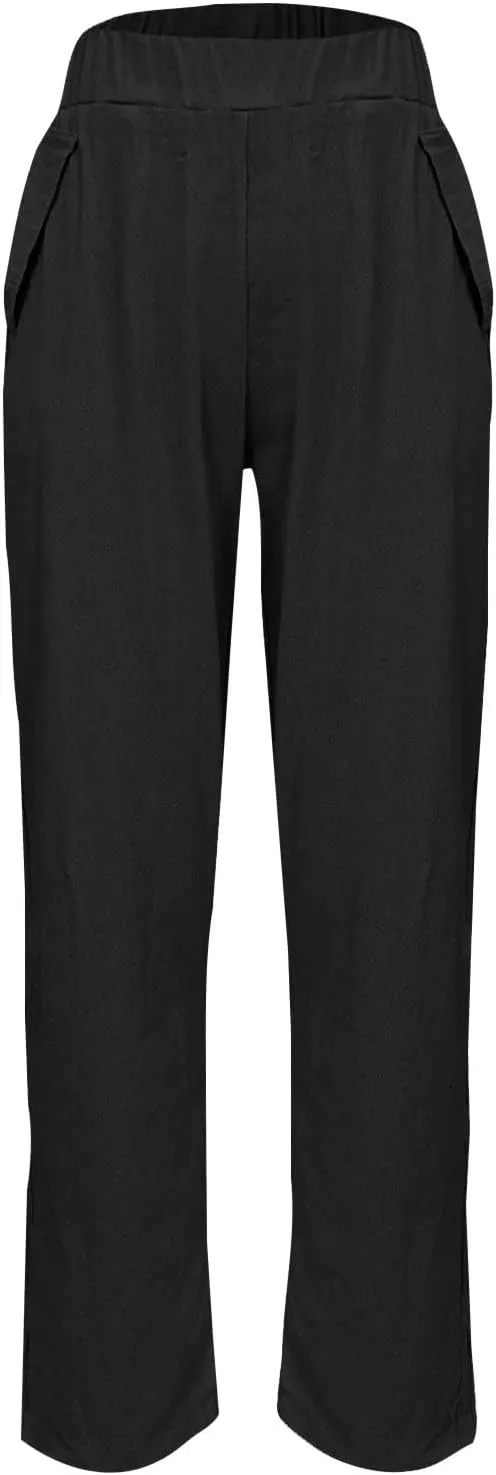 Womens Cargo Pants, Straight Leg Casual Pants Linen Stretchy Peasant Wide Trendy