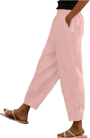 Womens Cargo Pants, Straight Leg Casual Pants Linen Stretchy Peasant Wide Trendy