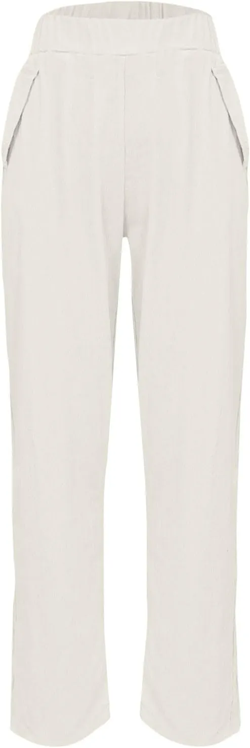 Womens Cargo Pants, Straight Leg Casual Pants Linen Stretchy Peasant Wide Trendy