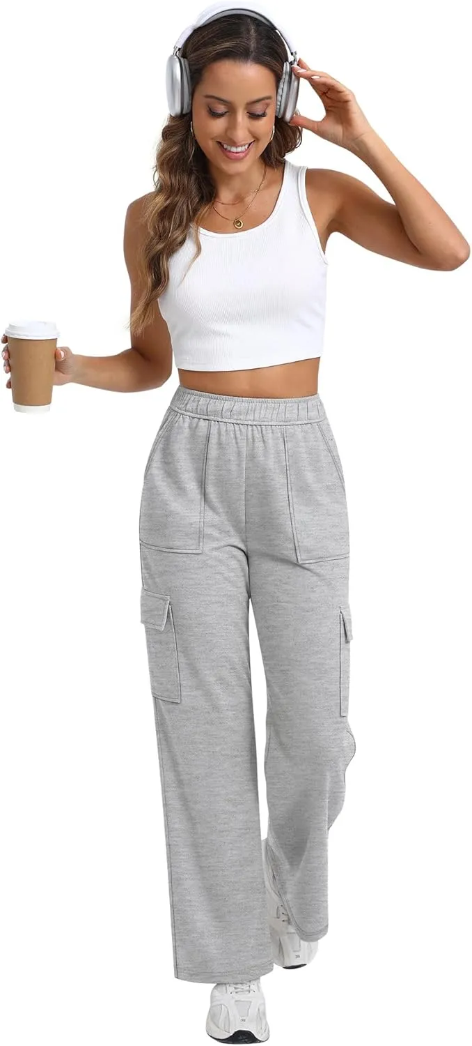 Women's Cargo Sweatpants with Pockets, High Waist Wide Leg Hiking Pants Casual Baggy Athletic Joggers Winter Fall