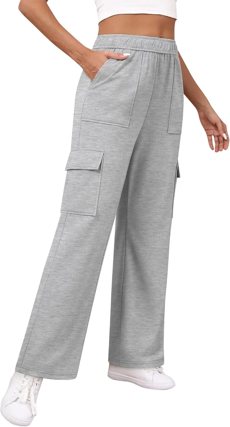 Women's Cargo Sweatpants with Pockets, High Waist Wide Leg Hiking Pants Casual Baggy Athletic Joggers Winter Fall